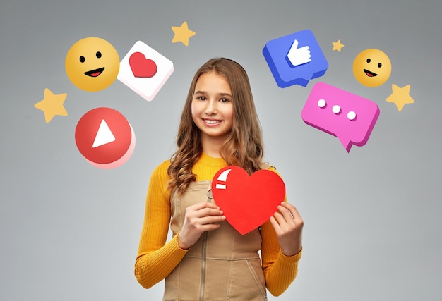 teenage girl with red heart and internet icons