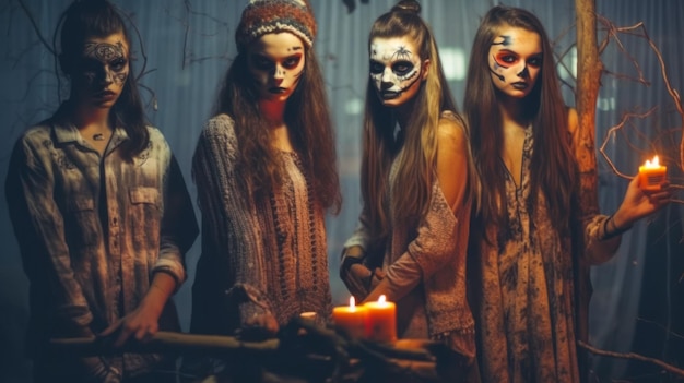 Teenage girls in scary costumes makeup celebrate halloween AI generated