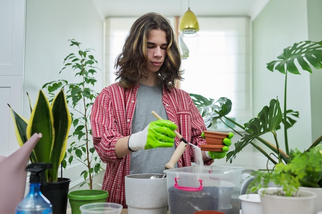 Teenage guy transplanting houseplants preparing the soil with perlite vermiculite