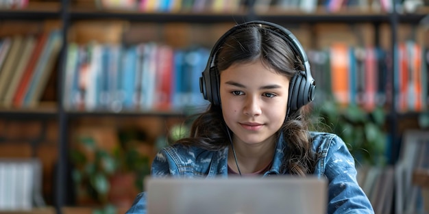 A teenage Hispanic girl wearing headphones attends a virtual class or webinar on her laptop
