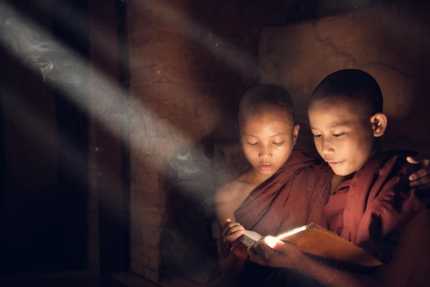 Teenage monks reading book at home