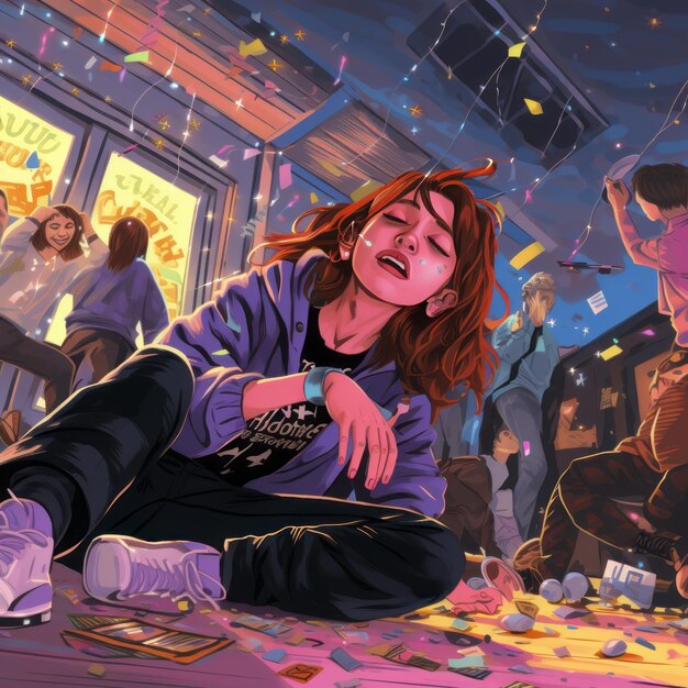 Photo teenage party woes spinning in the same cartoon vibe a stricken girl takes the floor