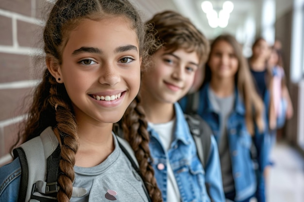 Teenage school kids smiling to camera in school corridor