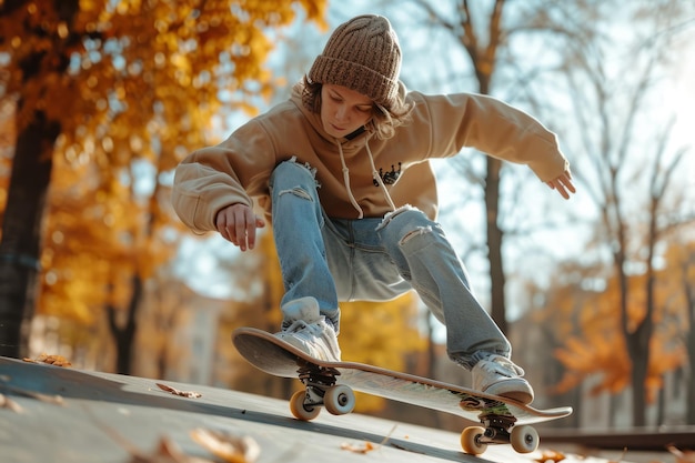 Teenage skater maneuvering his skateboard on an autumn day