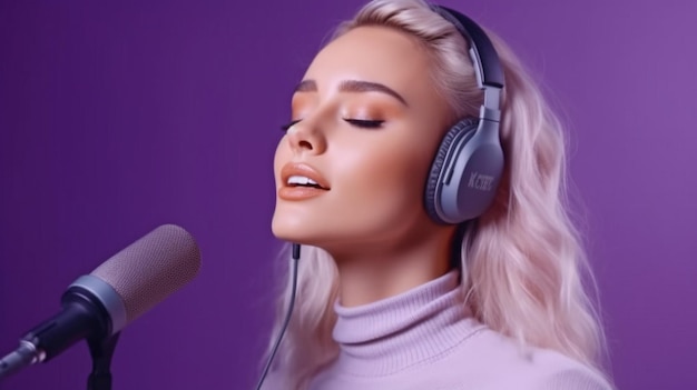 A teenage vocalist performs a song while wearing wireless headphones on a purple background generate ai