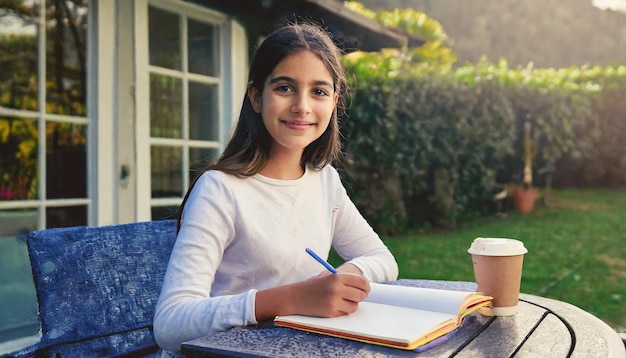 teenage woman studying in the yard of her house