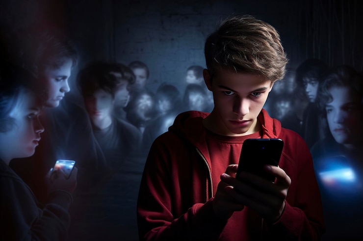 Фотография подросток подвергается киберзапугиванию на смартфоне