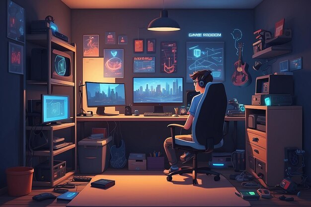 Teenager boy bedroom night interior gamer programmer hacker or trader room with multiple computer monitors at work desk