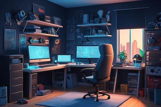 Teenager boy bedroom night interior gamer programmer hacker or trader room with multiple computer monitors at work desk