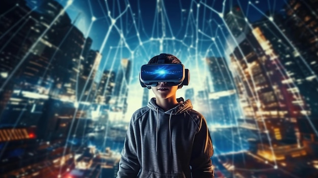 A teenager boy interacts with virtual reality