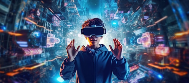 A teenager boy interacts with virtual reality