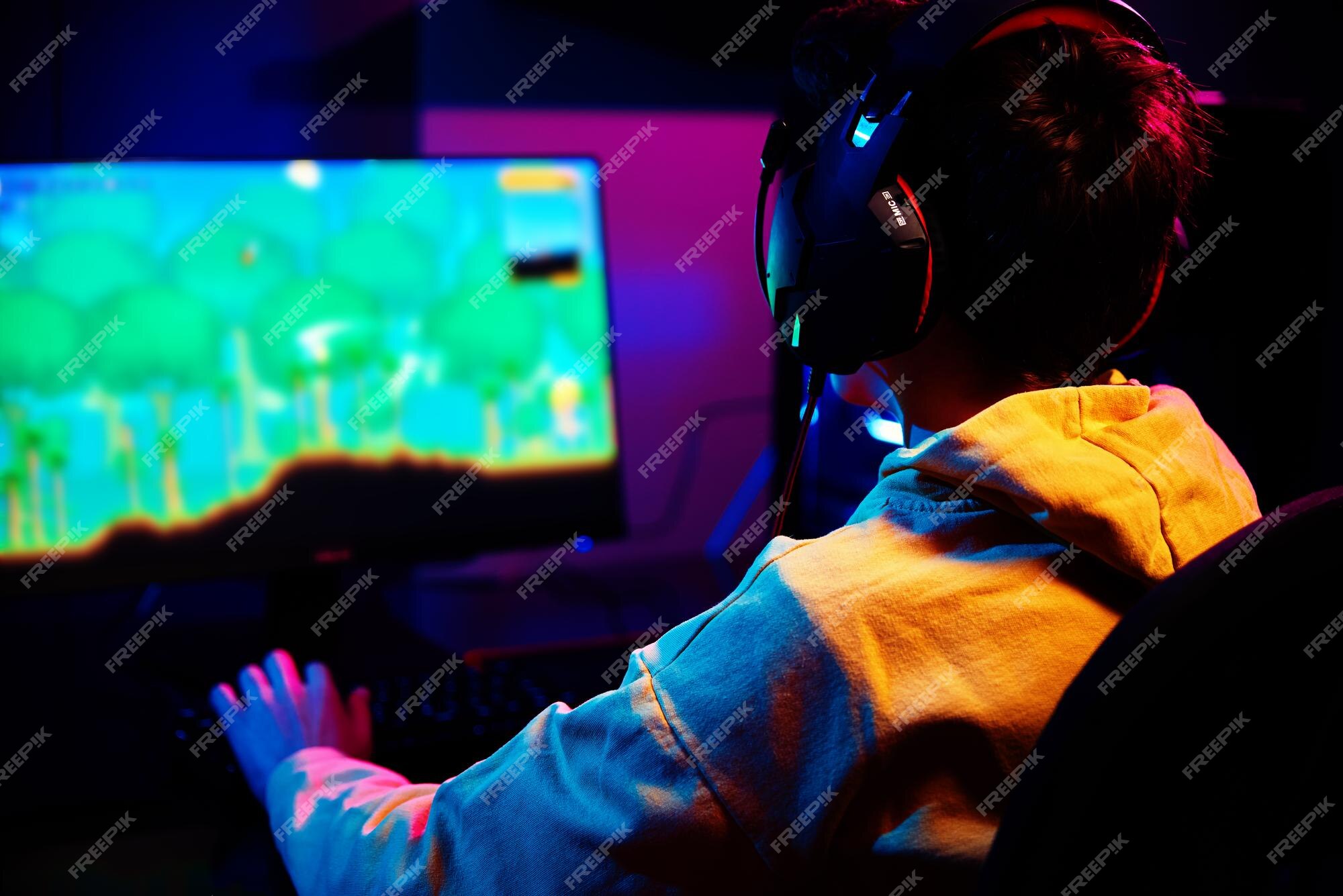 Gamer Playing Online Game on PC in Dark Room Stock Photo - Image of online,  colorful: 213130418