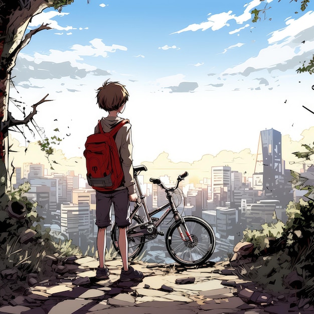 Teenager boy with backpack and bicycle in the city