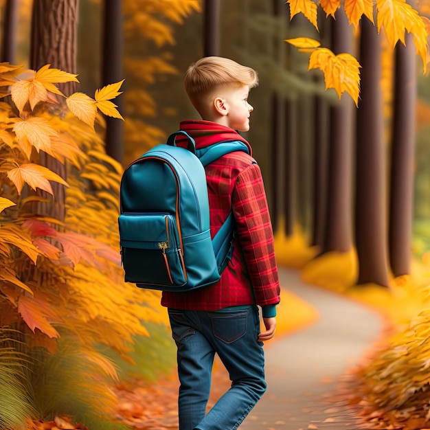 Подросток с рюкзаком идет по тропе в осеннем парке Активный образ жизни Возвращение в школу