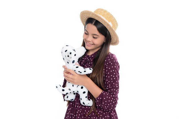 Teenager child girl in holding plush toy isolated on white background happy childhood Portrait of happy smiling teenage child girl