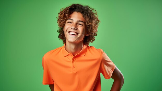 Teenager in coral shirt lime green backdrop Fujifilm XPro 3 photo