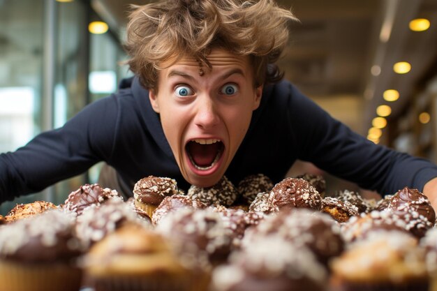 Teenager crushing cupcake before eating it ar c v