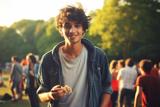 Teenager eating kebab out in the park