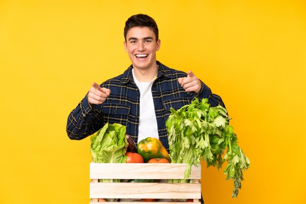 L'uomo del coltivatore dell'adolescente con le verdure di recente selezionate in una scatola indica il dito voi