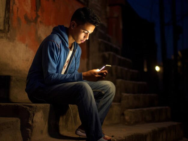 Teenager from Colombia using a smartphone for playing games