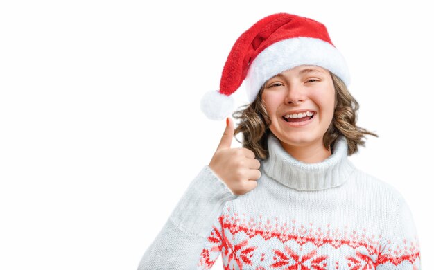 Teenager girl in christmas hat isolated on white background