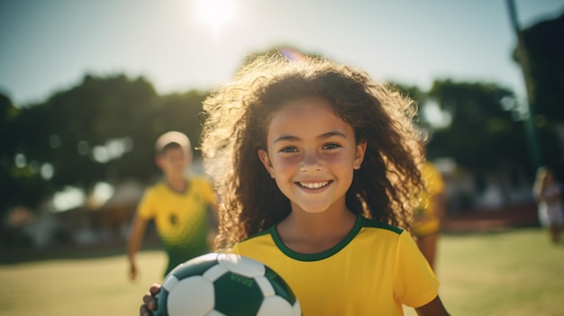 Photo teenager girl plays football football field and portrait with soccer ball teen youth soccer