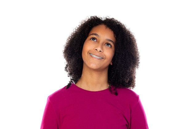 Teenager girl with afro hair wearing pink sweater isolated  