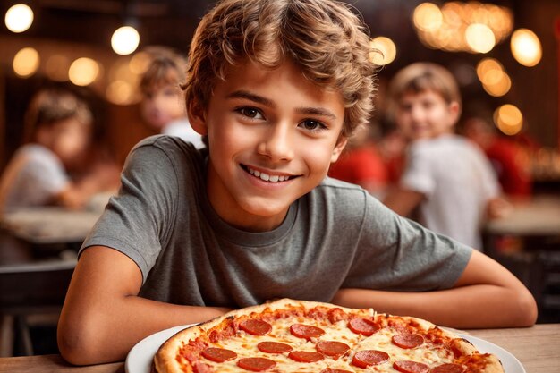 The teenager is eating pizza in restaurant or pizzeria