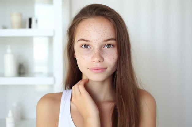 Photo teenager looking in the mirror examining acne breakouts