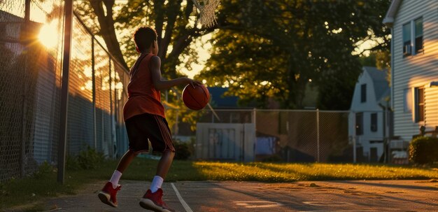 写真 ティーンエイジャーが自宅の近くのコートでバスケットボールをしているスポーツ広告のコンセプトを掲げたバナー