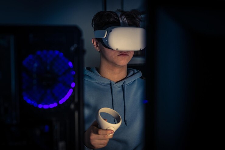 Photo teenager playing with virtual reality device cyberpunk futuristic mood video game and vr 3d viewer