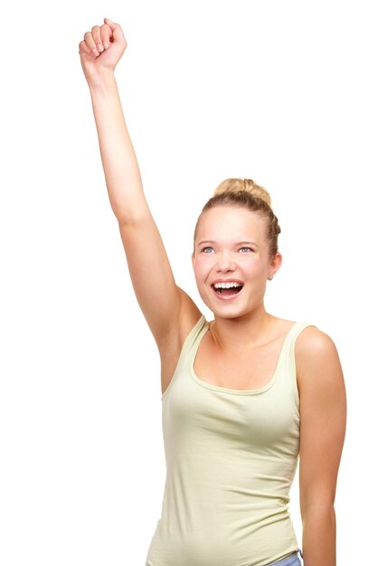 Photo teenager portrait and celebrate cheer in studio for winning support happy victory or celebration achievement female person hands and competition good news or excited white background as mockup