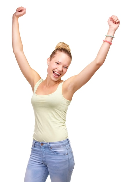 Photo teenager portrait and excited hands in studio celebration announcement winning or achievement female person face and cheers celebrate for discount deal or offer exited white background as mockup