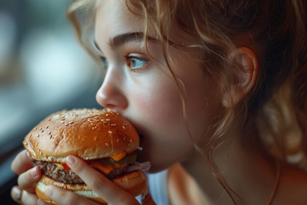 Photo teenager in profile biting into a cheeseburger