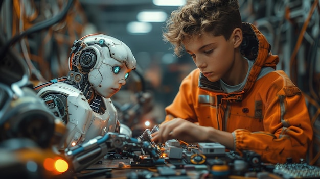 Teenager and robot assembling electronics innovation cluttered workspace Photorealistic HD