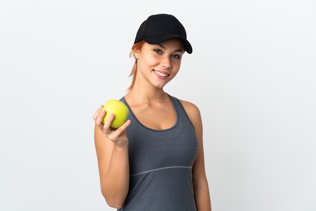 Teenager Russian girl on white with an apple