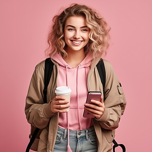 Foto studente russa adolescente isolata su sfondo viola con un caffè da portare via e un cellulare