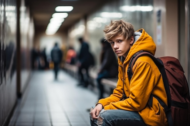 Photo teenager sitting alone in school hallway background with empty space for text