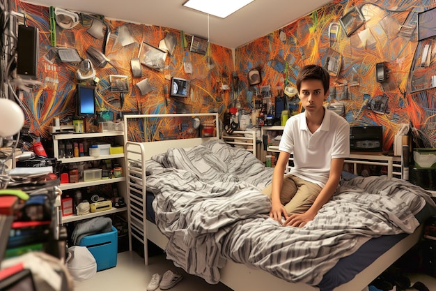 Photo teenager standing in his messy room with lots of clutter