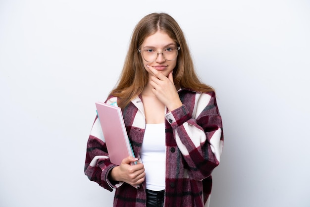 십대 학생 러시아 소녀 흰색 배경 생각에 고립