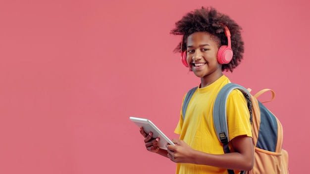 Teenager studying online with headphones on pink studio background banner with free space Happy African American student having remote college education
