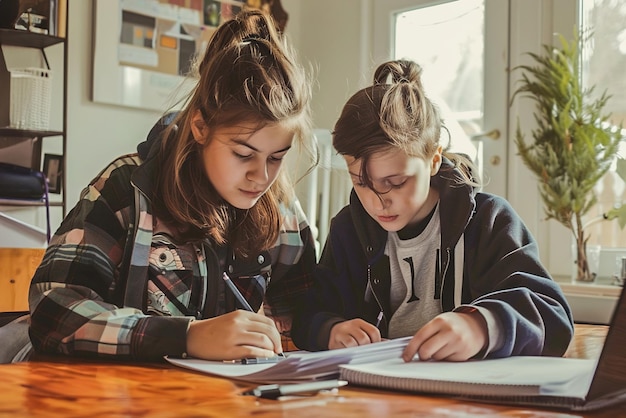 A teenager tutoring a younger student in math