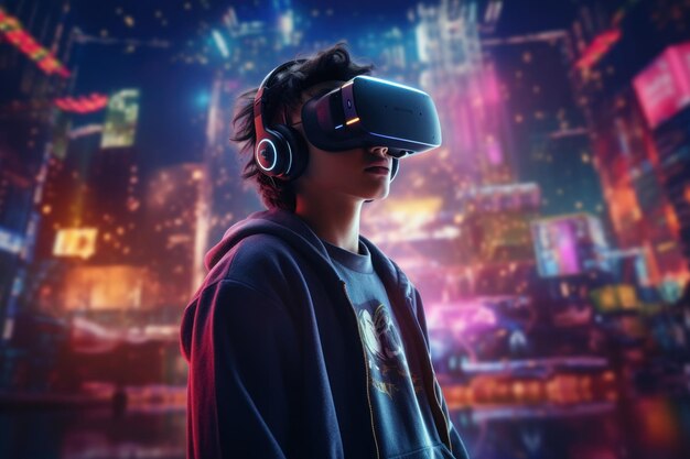 A teenager in virtual glasses and headphones a futuristic future games and technologies