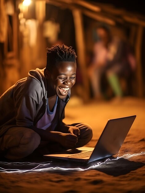 A teenager watching cartoons on a scratched laptop grinning slum kid photoshoot concept ideas