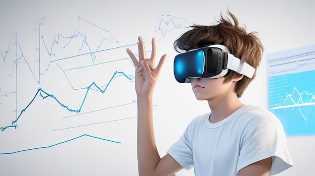 Teenager wearing a white tshirt using virtual reality glasses with technology