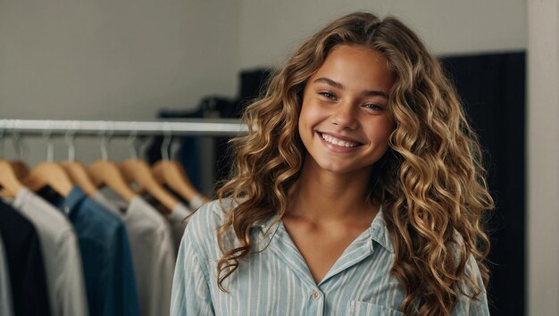 A teenager with tanned skin and wavy hair choosing what to wear She has a big smile top model pose