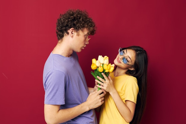 Teenagers a bouquet of yellow flowers based friendship isolated background unaltered