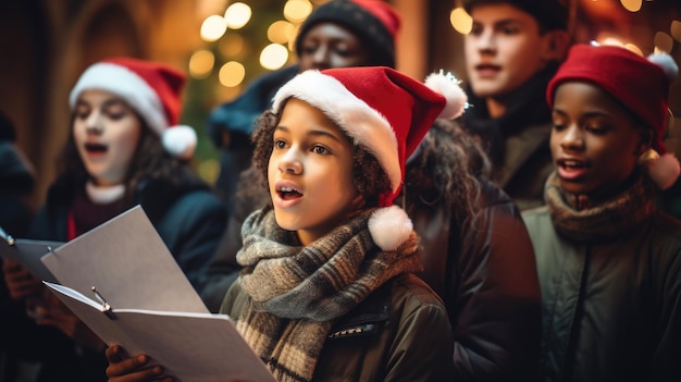 Photo teenagers carolers singing traditional songs in city street on christmas eve text space