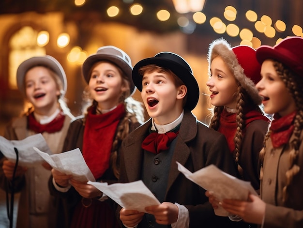 Foto gli adolescenti cantano canzoni tradizionali sotto i lampioni d'epoca nell'incantevole piazza della città vecchia