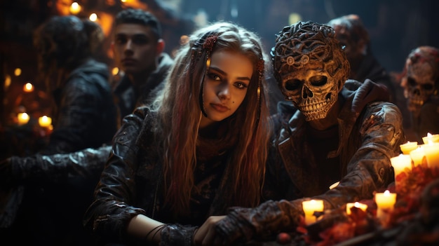 Teenagers dressed in scary costumes celebrate the eve of All Saints' Day Halloween AI generated